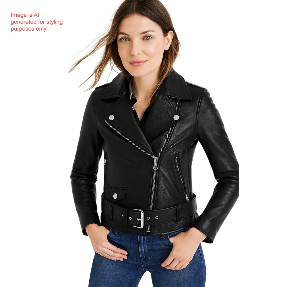 Madewell Black Leather Moto Jacket Biker Style Belted Zip Front XS *Flaw - Picture 1 of 11